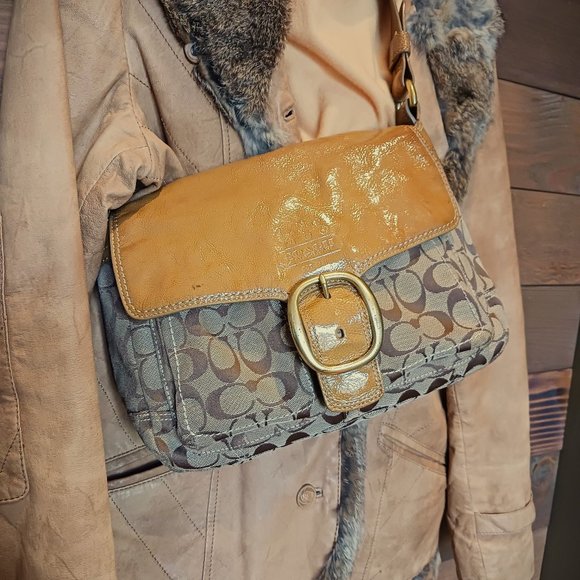 Charming Rustic Camel VINTAGE COACH BLEEKER Shoulder Patent Sig C jacquard - Picture 16 of 16